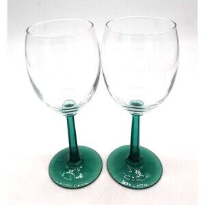 Vintage Set Of 2 Emerald Green Hexagon Stemmed Clear Crystal Bowl Wine Glasses